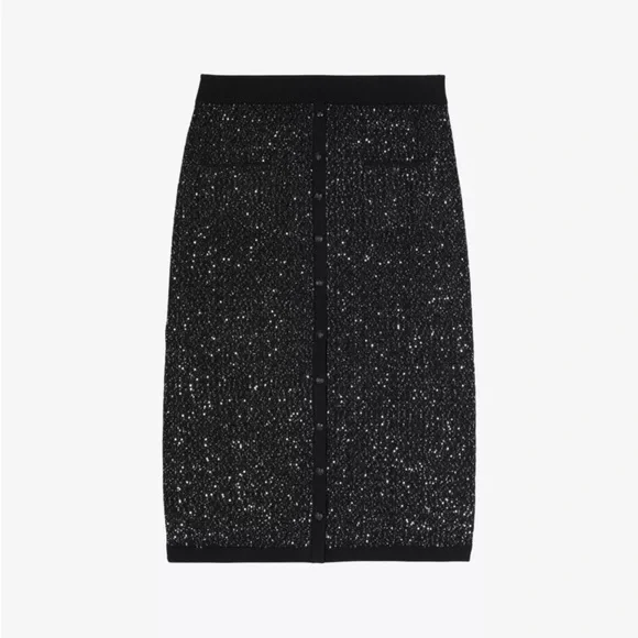 NWT | The Kooples | Black Knit Pencil Midi Skirt | Silver Sequin-Embellished - Picture 6 of 10